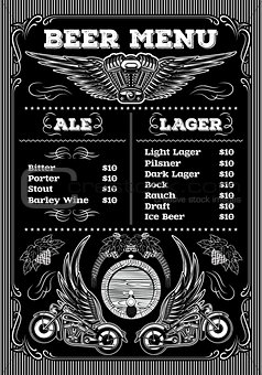 template for the beer menu on black background with motorcycles and wings