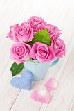 Valentines day pink roses bouquet and handmaded toy heart