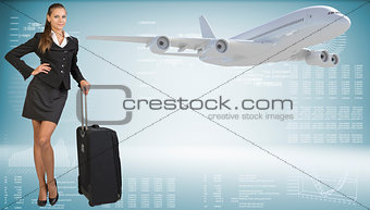 Businesswoman with suitcase. Image of flying airliner beside