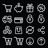 Shopping, online store white icons on black - line, stroke style