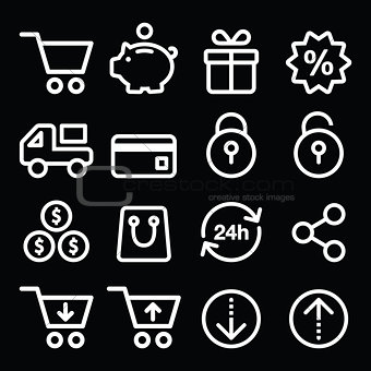 Shopping, online store white icons on black - line, stroke style