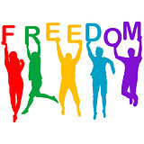 Freedom concept with people jumping silhouettes
