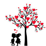 Greeting Valentine's Day card with tree of hearts and kids kissi