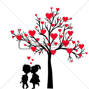 Greeting Valentine's Day card with tree of hearts and kids kissi