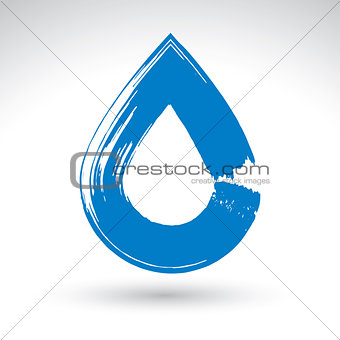 Hand painted blue water drop icon isolated on white background, 