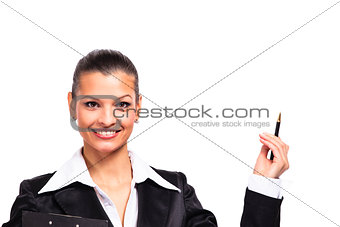 Happy young business woman showing blank