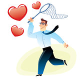 Businessman with a net catches flying red heart