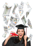 Female Graduate Holding $100 Bills with Many Falling Around Her
