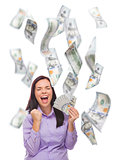 Happy Woman Holding the $100 Bills with Many Falling Around