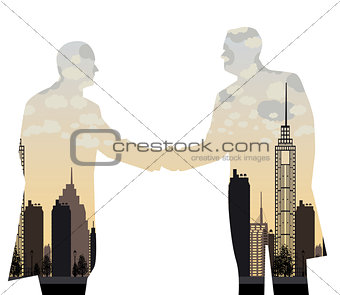 double exposure handshake businessman on city background