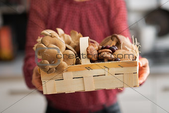 Closeup on young housewife showing basket with mushrooms