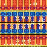 Aztec tribal seamless pattern with blue forms over orange brushe