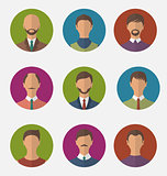 Set colorful male faces circle icons, trendy flat style