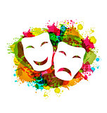 Comedy and tragedy simple masks for Carnival on colorful grunge 