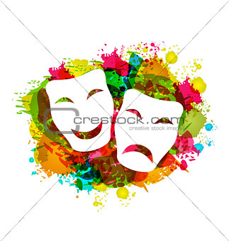 Comedy and tragedy simple masks for Carnival on colorful grunge 