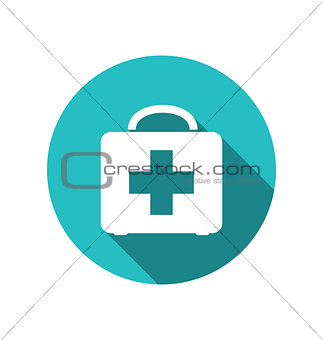 Icon of medicine chest with long shadow in flat style