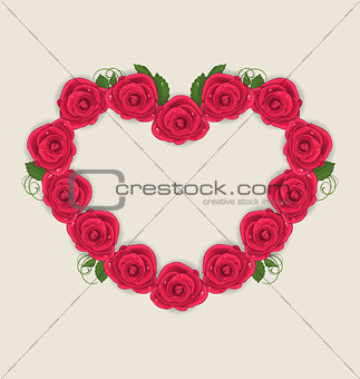 Floral postcard with heart made in roses for Valentine Day, copy