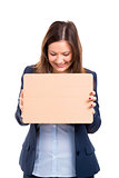 Business woman holding a cardboard