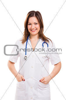 Beautiful young doctor, isolated over white background