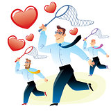 Men in search of love caught red heart butterfly net
