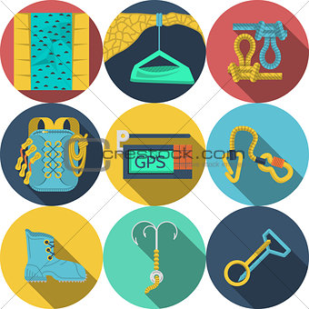 Flat vector icons for climbing equipment