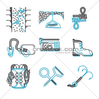 Flat line vector icons for rappelling equipment