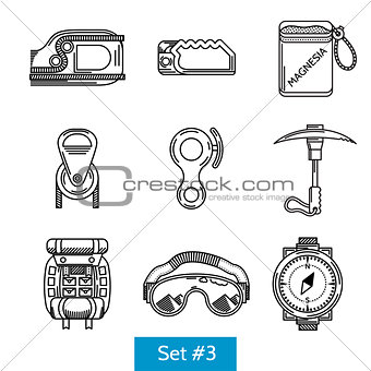 Black vector icons for rock climbing equipment