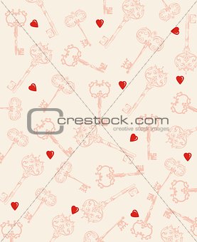 Seamless hearts and key pattern