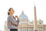 Portrait of young woman in front of basilica di san pietro in va