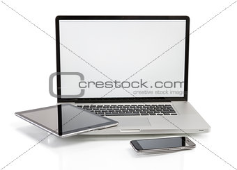 Laptop, tablet and phone with copy space on screen