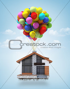 Surreal scene of a house lifted to the sky by air balloons. Conc