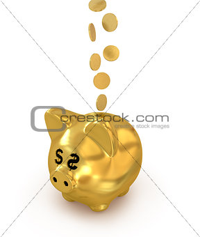 olden coins falling into a gold piggy bank isolated on white bac