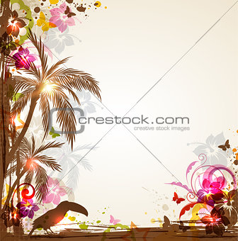 Tropical background with palms and toucan