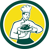 Chef Cook Serving Chicken Platter Circle Retro