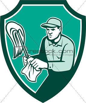 Janitor Cleaner Holding Mop Cloth Shield Retro