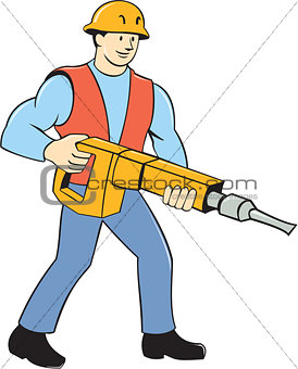 Construction Worker Holding Jackhammer Cartoon