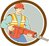 Construction Worker Jackhammer Circle Cartoon