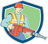 Construction Worker Jackhammer Shield Cartoon