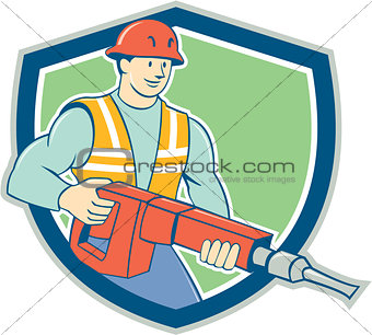 Construction Worker Jackhammer Shield Cartoon