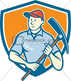 Construction Worker Holding Pickaxe Shield Cartoon