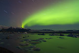 Aurora borealis above Jokulsarlon glacier lagoon