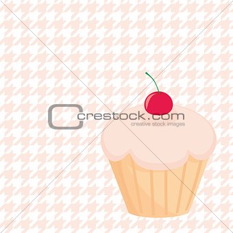 Cherry vector cupcake on houndstooth background