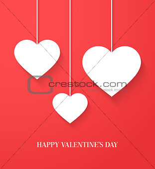 Valentines day card with hanging hearts.