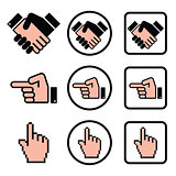 Handshake, pointing hand, cursor hand icons set
