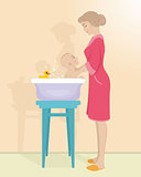 Mother bathes the child