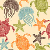 Vector Seamless Pattern with Turtles, Starfishes, and Jellyfishe