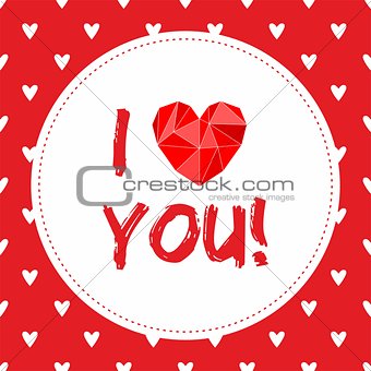 I love you vector card with heart and white hearts on red background