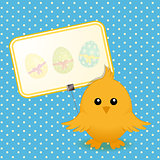 Easter chick and sign on blue background