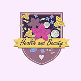 Vector logo with flowers. Beauty and health. Orchids, roses, leaves.