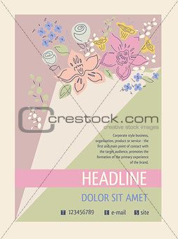 Flyer with a bouquet of flowers, ajar page. Cover for the catalog of flowers, aromatherapy